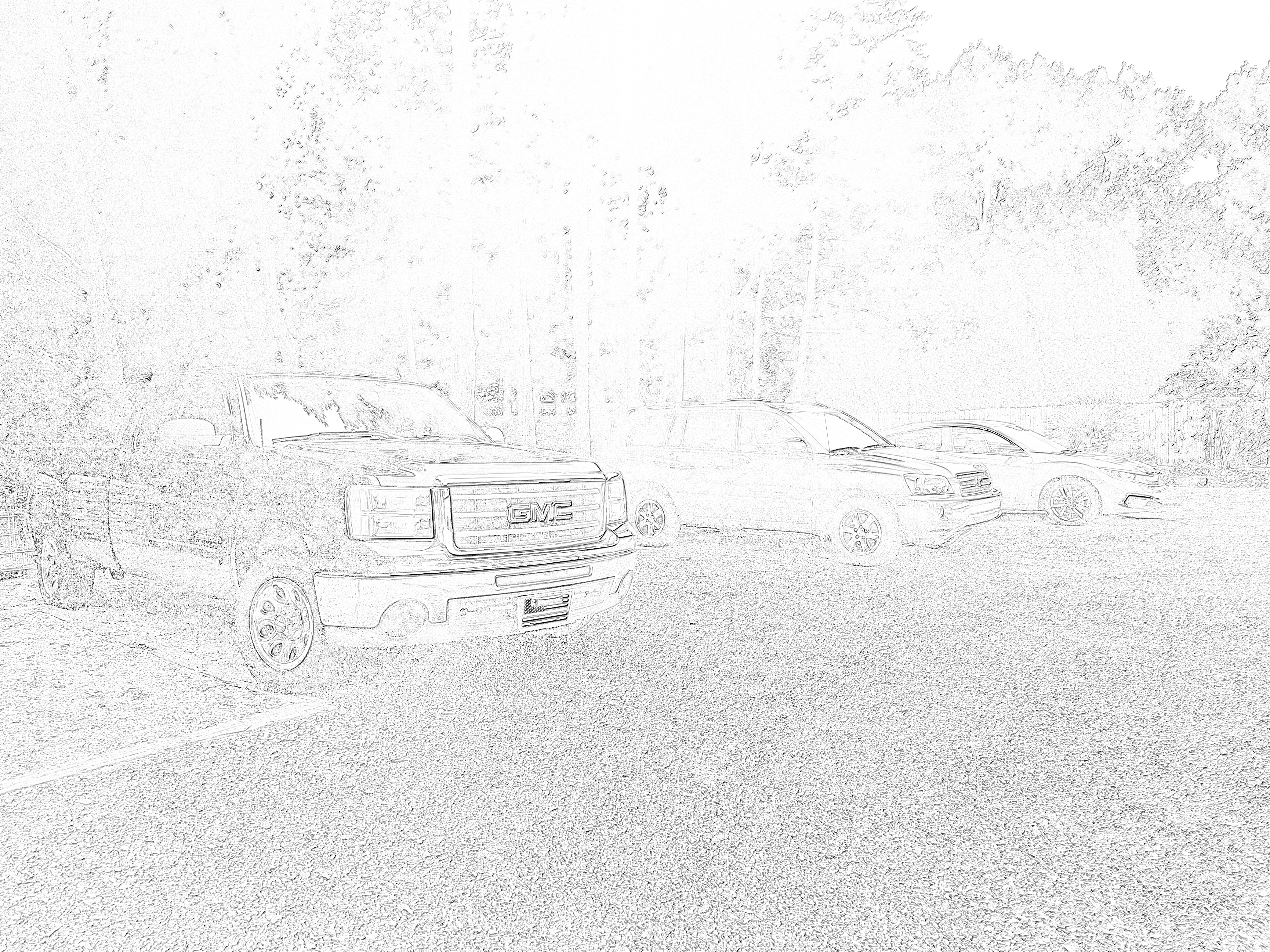 A stencil like version of sunbeaming down onto three cars parked next to each other with woods behind them